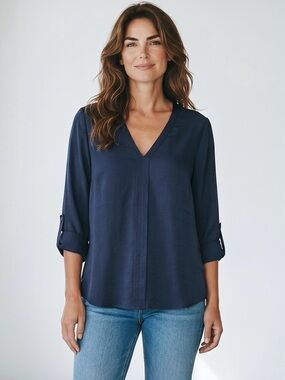 Express Navy V-Neck Satin Roll Tab Blouse Size XL